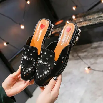 2020 Brand Designer De Femei Papuci De Casă Aluneca Pe Catâri Low-Toc Pantofi Casual Britanic De Cristal Diapozitive Square Toe Tocuri Încălțăminte De Vară