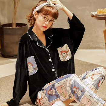 Pijamale Femei de Primăvară și de Toamnă cu mâneci Lungi de Aur pe Catifea coreean Subțire Vrac Elevii Dulce Coral Catifea Iarna Homewear Moda