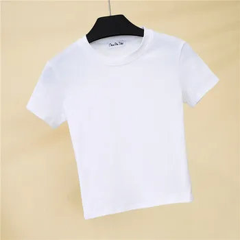 Crop Top T-Shirt Femei Solide de Bumbac, O-Neck Short Sleeve T-shirt pentru Femei Talie Înaltă, Subțire, Scurt, Sport Blanc Femme T-Shirt