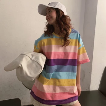 Rainbow Stripe Femei de Vara Tricou Casual Moda Femei T-shirt Harajuku Supradimensionate Tee Top cu Maneci Scurte Doamna Tricou Vrac Tees