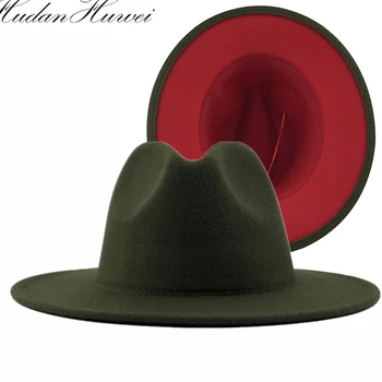 2021 Moda Armata Verde cu Rosu Jos Mozaic Simțit Pălărie Jazz Femei Bărbați Margine Plat Panama Petrecere Capac de Lână Faux Pălării Fedora