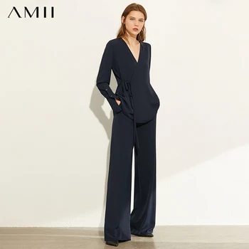 AMII Minimalism Moda Toamna Femei Set Solid de Vneck Bandajul Bluza Topuri de Înaltă Talie Pantaloni Lungi de sex Feminin Set 12030227