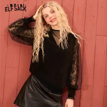 ELFSACK Negru Solid Contrast Plasă de Epocă Pulovere Femei, Pulovere 2020 Primăvară Dantelă Lung Lantern Maneca Doamnelor Sexy de zi cu Zi Topuri