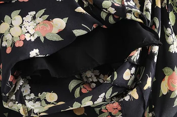 Elegant, boem de imprimare negru rochii lungi de vara slash volane de gât maneca fluture asimetric talie mare reversibile rochie