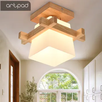 Artpad Tatami Japonez Lumina Plafon pentru Acasă de Iluminat cu Abajur de Sticla E27 LED Lampă de Plafon Bază de Lemn Holuri, Veranda Corpuri
