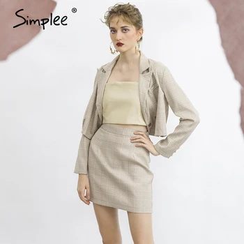 Simplee Două piese casual carouri femei rochie Eleganta cu maneci lungi buton costume fusta a-line dintata birou doamnă autumnn costume 2020