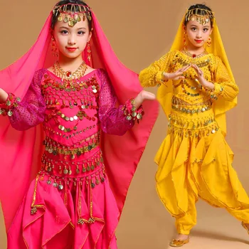 5PCS Set Mâneci Lungi Monedă Paiete Copii Belly Dance Costume pentru Etapa cu Burtă de Dans Îmbrăcăminte de Est Dans Indian Tinuta