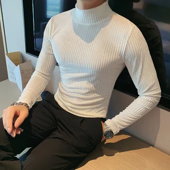 Nouă Bărbați T-Shirt Toamna Iarna Slim Jumătate de Lungime de Înaltă Gât Jos Cămașa de Flanel cu Dungi cu Maneca Lunga Casual Moda de Înaltă Calitate