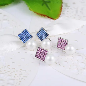 MAIKALE Lux Albastru/Violet Zirconia Stud Cercei cu Perle de 8mm Natural Pearl Cercei pentru Femei de Înaltă Calitate Bijuterii Cadouri