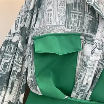 Moda Imprimat cu Maneci Lungi Guler de Turn-down Singur Pieptul Tricouri Lungi+ruched Talie Mare Mini-Fuste Femei Toamna Seturi de 2 buc