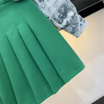 Moda Imprimat cu Maneci Lungi Guler de Turn-down Singur Pieptul Tricouri Lungi+ruched Talie Mare Mini-Fuste Femei Toamna Seturi de 2 buc