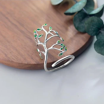 Noul argint coreeană val proaspăt de pădure arta romantică frunze verzi dulce nișă design meserii femei deschidere inel reglabil
