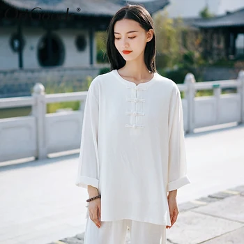 OriGoods Femei Bluza stil Chinezesc Bluza cu maneci Lungi Tricou Qigong, Tai Chi Haine Vrac Solid Alb Bluza Topuri C259