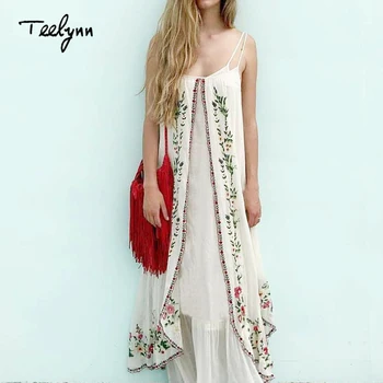 TEELYNN Maxi alb boho rochie de Epocă florale brodate fără mâneci curea de rochii lungi de Vară pe plajă rochii femei rochie Vestido