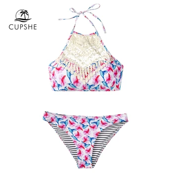 CUPSHE Roz Cerul Croșetat Gât Înalt Bikini Seturi Sexy Femei Halter Două Piese de Costume de baie 2021 Nou Fata de Plaja Costume de Baie