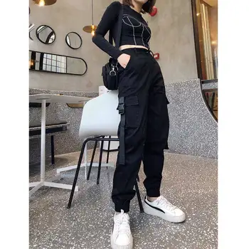 Negru Pantaloni Femei De Moda 2019 Buzunare Mozaic Hippie Pantaloni Fals Cu Fermoar Țesute De Înaltă Talie Pantaloni Streetwear