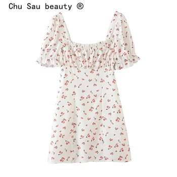 Chu Sau frumusețea Noua Moda Casual Elegant Florale de Imprimare Șifon Rochie Mini Femeile Vacanță Pătrat Guler Volane Vara Rochii pentru Femei