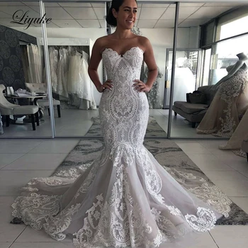 Liyuke Elegant fara Bretele Rochie de Mireasa Sirena Cu Iesire Dantela Trumpt vestido de noiva
