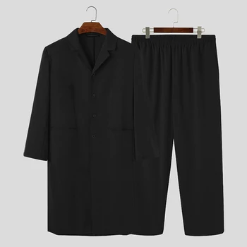 INCERUN 2021 Bărbați Seturi Solid Streetwear Maneca Lunga Single-Breasted Straturi Elastic Talie Pantaloni Elegant Musulman Mens Costum 2 Piese 7