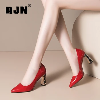 RJN Primavara Toamna Pompe Femeie Pamboo Model din Piele Roșie a Subliniat Deget de la picior toc Gros de Bambus Toc Superficial Pantofi Rochie RO461