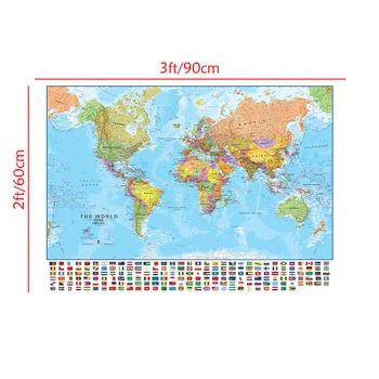 Unframe Epocă Harta Lumii Poster cu Steaguri Naționale pentru Educația Școlară Acasă 90*60 cm Harta Lumii Perete Printuri de Arta Imagine