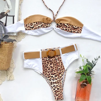 Epocă Talie Mare Set De Bikini Leopard De Imprimare De Costume De Baie 2020 Centura De Sex Feminin Costume De Baie Sexy Femei Halter Biquinis Mozaic Costum De Baie
