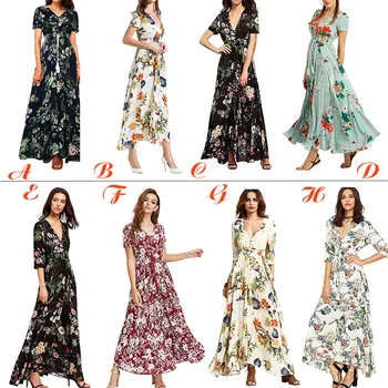 Y Nidus Rochii Femei Rochie de Vara 2019 Maxi Butonul Split Print Floral Flowy V-Neck Plaja Seara Rochii de Partid vestidos