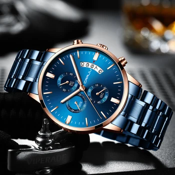 CRRJU Blue Mens Ceasuri cu Top din Oțel Inoxidabil, Marca de Lux Barbati Sport Cronograf Ceasuri Cuarț Ceas Relogio Masculino