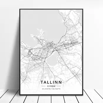 Alb și negru Tallinn Estonia Alb Latitudine Longitudine Panza de Artă Harta Poster