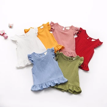 12M-7Y Fete T-shirt Nisip Spălat Lenjerie de Bumbac, fără Mâneci copii pentru Copii Dress Shirt pentru Copii Casual de Vara Topuri Haine
