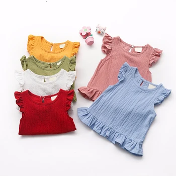 12M-7Y Fete T-shirt Nisip Spălat Lenjerie de Bumbac, fără Mâneci copii pentru Copii Dress Shirt pentru Copii Casual de Vara Topuri Haine