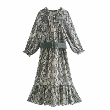 ZXOJ epocă snake print femeile rochii lungi de vară 2020 moda centura de talie doamnelor glezna-lungime rochie de flori o-gât rochie de sex feminin