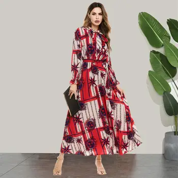 Siskakia Femei Rochie Roșie De Imprimare De Moda Papion Guler Maneca Lunga Maxi Rochii De Petrecere Elegantă, Poartă Toamna 2020 Musulmană Arabă Îmbrăcăminte