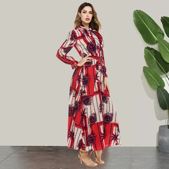Siskakia Femei Rochie Roșie De Imprimare De Moda Papion Guler Maneca Lunga Maxi Rochii De Petrecere Elegantă, Poartă Toamna 2020 Musulmană Arabă Îmbrăcăminte