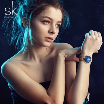 Shengke Femei de Lux Ceasuri Romantice Înstelat Cadran Albastru ochiurilor de Plasă din Oțel Inoxidabil Curea Ultra-subțire Caz de Cuarț Ceas de mână Reloj Mujer