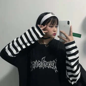 Harajuku Dungă Împletit T-shirt Femei Fals Două Piese Maneca Lunga Top Vrac Teuri Retro Imprimate Casual Street tricou Unisex