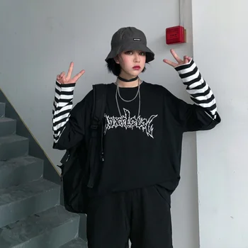 Harajuku Dungă Împletit T-shirt Femei Fals Două Piese Maneca Lunga Top Vrac Teuri Retro Imprimate Casual Street tricou Unisex