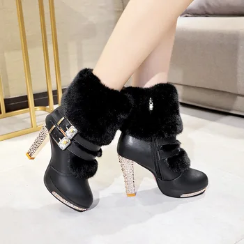 Xiaying Zâmbet Femei High end Cizme Super High Fashion Cald Dublu Cataramă Faux Blana Cristal Casual Pantofi cu Tocuri Subtiri Doamnelor Cizme