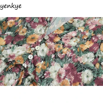 Femei Multicolor Vintage imprimeu Floral Rochie Midi cu Maneci Lungi V-Neck s-au Adunat Detaliu Plisat Rochie Casual de Vara OZZ9417