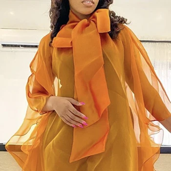 2020 Papion Sexy Rochie Transparentă Portocaliu Supradimensionat Organza Plasă Vedea Prin Vestidos De Femei Din Africa De Petrecere Casual Rochie Lunga
