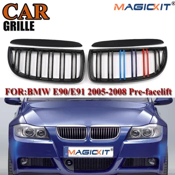 MagicKit Pereche Luciu Negru Mat M Culoare 2 Linii de Față, Grila Rinichi Grill Dublu Slat Pentru BMW E90 E91 Seria 3 200-2008 320i 323i