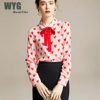 Inimile De Imprimare De Mătase Bluze 2020 Primăvară New Sosire Office Lady Style Red Auto Papion Maneca Lunga Elegante, Camasi