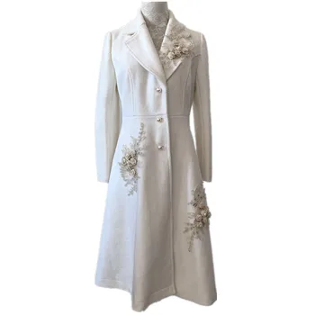Toamna iarna doamnelor temperament elegant haină de lână femei cu mâneci lungi alb broderie slim mult amestec de lână