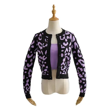 1 set de Toamna Stil Coreea Culoare de Contrast Leopard Trunchiate Cardigan Rezervor de Top Single-breasted Butonul Tricotate Pulover Crop Jumper