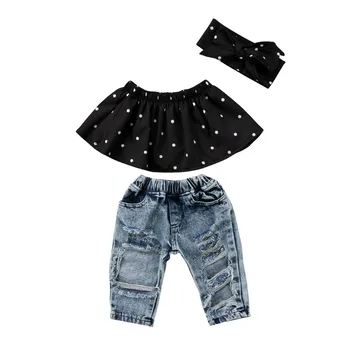 Haine de moda pentru Copii Set de Fete de Pe Umăr fara Bretele, Topuri, Negru Bluza Denim Găuri Pantaloni Set pentru Copii Haine pentru Copii