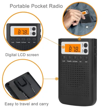 Mini Radio Portabil AM/FM Stereo Dual Band Receptor Radio de Buzunar cu Ecran LCD Ceas și Presetate, Functie de Memorie Relogio Caixa