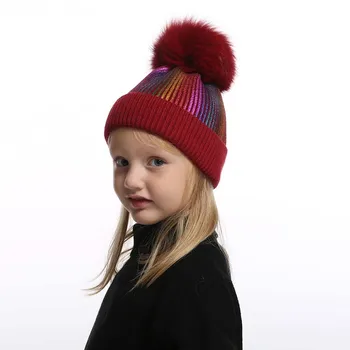 Copil Fată băiat de Iarnă Blană de Vulpe Pălăria Pentru Copii Cașmir, Lână Tricotate Beanie Culori Imprimare Chelioși Capac