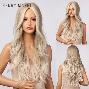 HENRY MARGU Lung Ondulat Blond Platinat Evidenția Peruci Sintetice, Peruci Naturale pentru Femei, Partea de Mijloc Cosplay Peruci Rezistente la Căldură