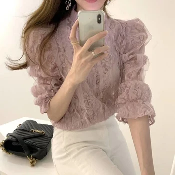 Stil Coreean Stand Guler De Dantelă Cu Ochiuri Bluza Femei Nou Maneca Lunga Elegante Moda Lady Blaturi Solide Dulce Îmbrăcăminte Blusas 12511