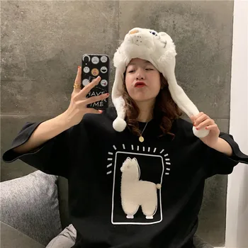 Alpaca tricou Vrac Casual Femei Plus Dimensiune Moda cu Maneci Scurte Împletit Top de Vară 2020 coreea Drăguț Girly Bumbac tricou